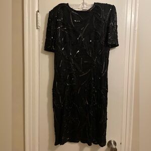 Vintage 80’s 90’s Stenay 100% Silk Shell Beaded Sequin Black Cocktail Dress 12